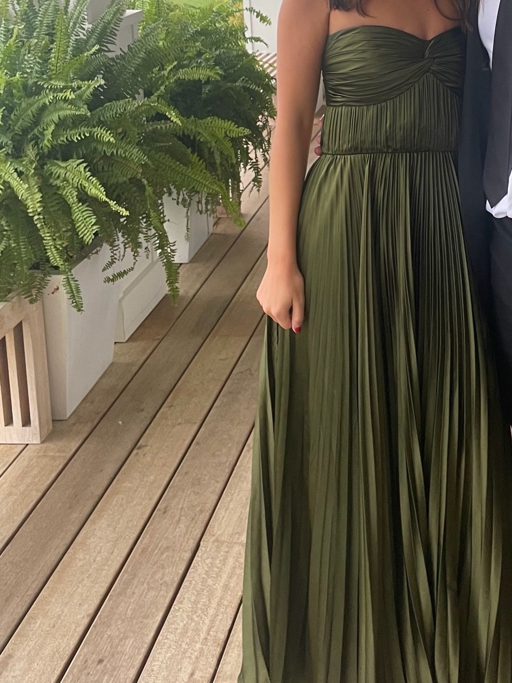 Olive Green Strapless Pleated Maxi Dress